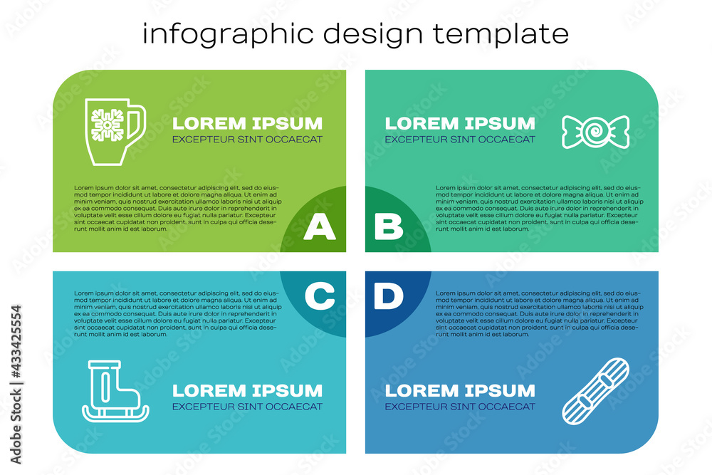 套装花样滑冰鞋、雪花咖啡杯、滑雪板和糖果。商业信息图模板