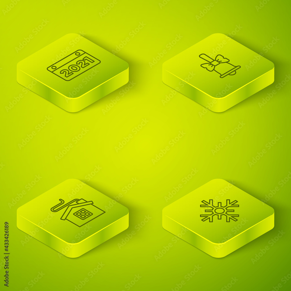 Set Isometric line Merry Christmas ringing bell, house, Snowflake and Calendar icon. Vector