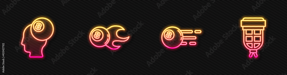 Set line Billiard ball, , and pocket. Glowing neon icon. Vector