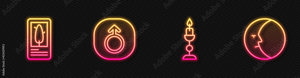 Set line Burning candle, Tarot cards, Mars and Moon. Glowing neon icon. Vector