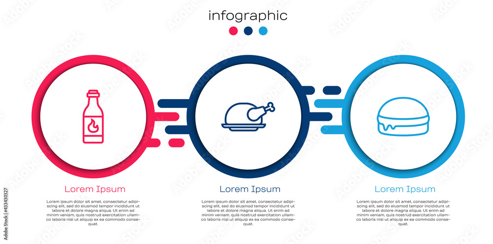 设置线塔巴斯科酱，烤火鸡或鸡肉和汉堡。商业信息图模板。矢量
