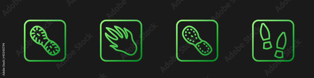 Set line Human footprints shoes, , Alligator crocodile and . Gradient color icons. Vector