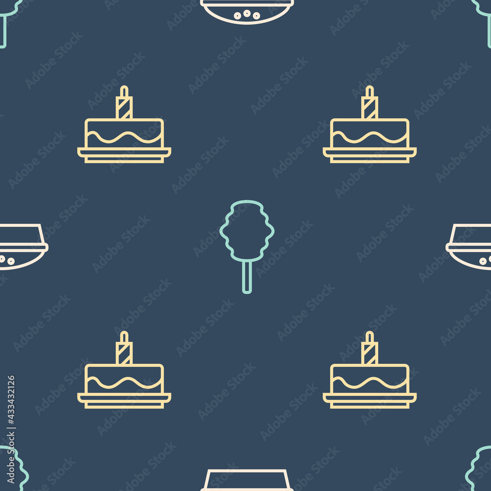 Set line Homemade pie, Cake with burning candles and Cotton candy on seamless pattern. Vector