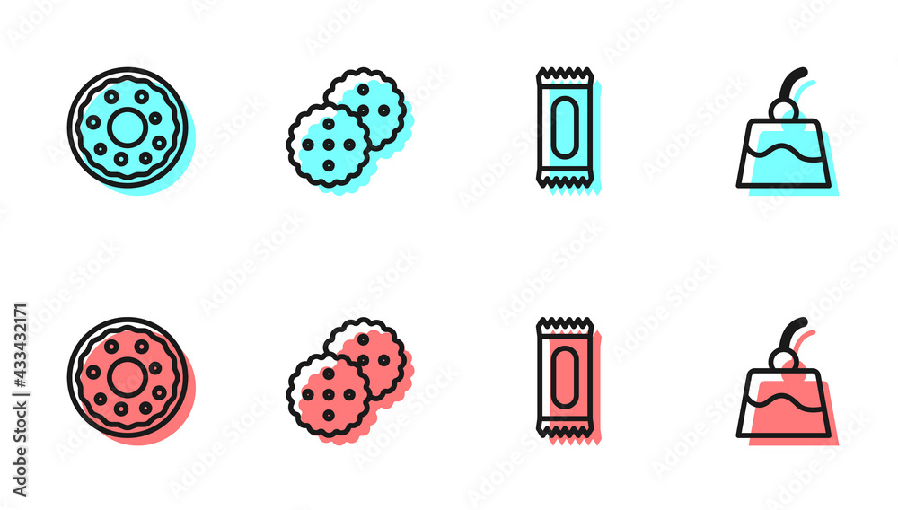 Set line Candy, Donut, Cookie or biscuit and Pudding custard icon. Vector