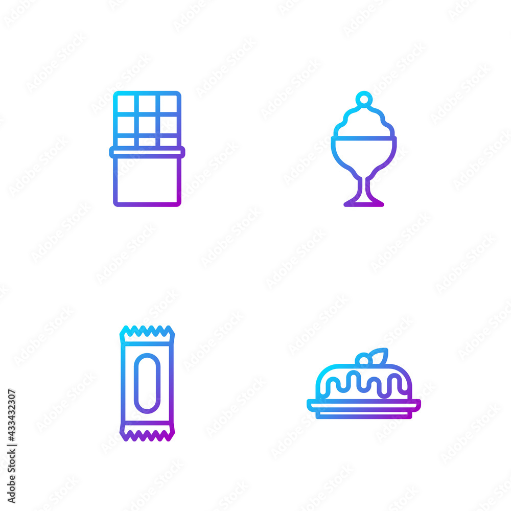 Set line Cake, Candy, Chocolate bar and Ice cream in bowl. Gradient color icons. Vector