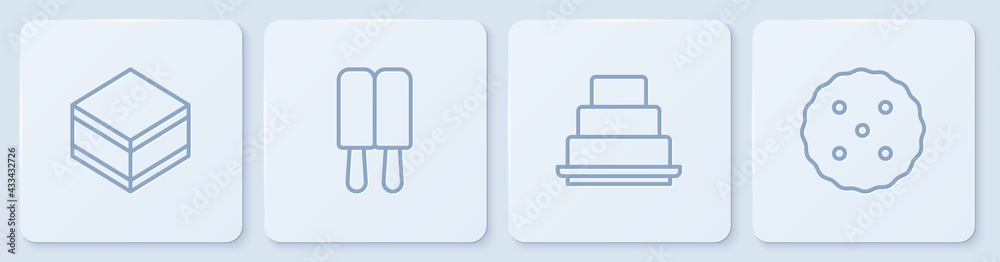 设定线布朗尼巧克力蛋糕、蛋糕、冰淇淋和饼干或饼干。白色方形按钮。矢量