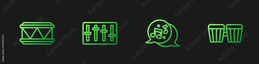 Set line Music note, tone, Drum, Sound mixer controller and . Gradient color icons. Vector