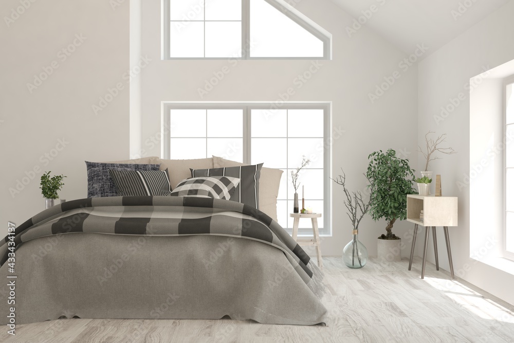 Soft color bedroom interior. Scandinavian design. 3D illustration