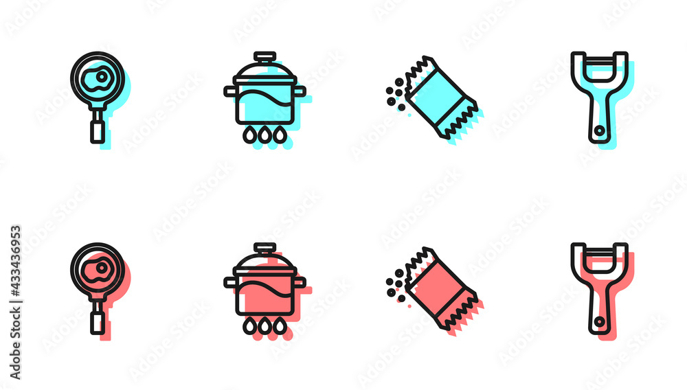 Set line Packet of pepper, Fried eggs on frying pan, Cooking pot and Vegetable peeler icon. Vector