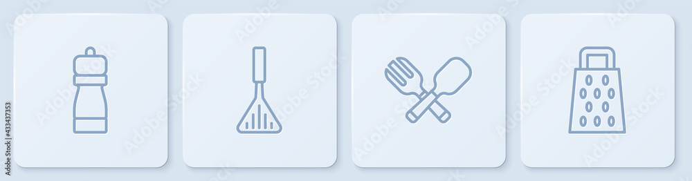 Set line Pepper, Crossed fork and spoon, Barbecue spatula and Grater. White square button. Vector