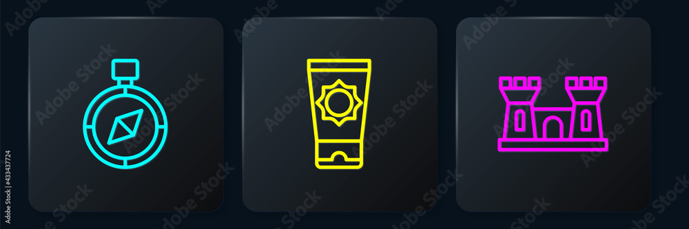 Set line Compass, Sand castle and Sunscreen cream in tube. Black square button. Vector