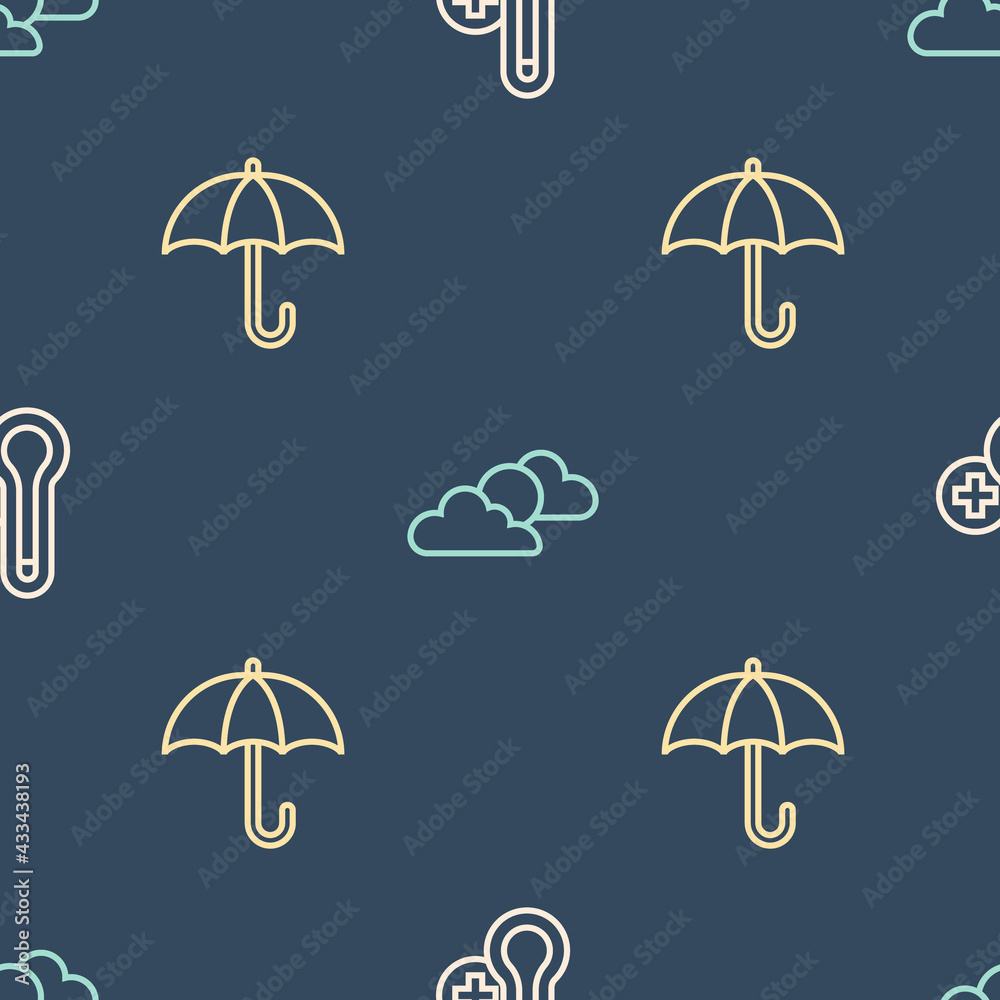 Set line Meteorology thermometer, Umbrella and Sun and cloud weather on seamless pattern. Vector