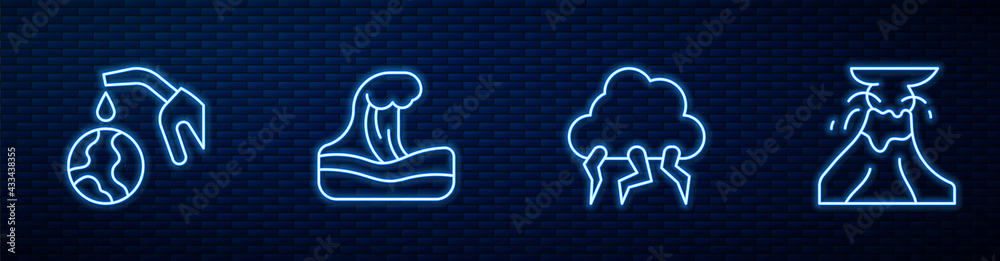 Set line Storm, Gas pump nozzle and globe, Tsunami and Volcano eruption with lava. Glowing neon icon