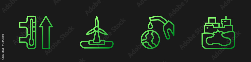 Set line Gas pump nozzle and globe, Global warming, Wind turbine and Wrecked oil tanker ship. Gradie