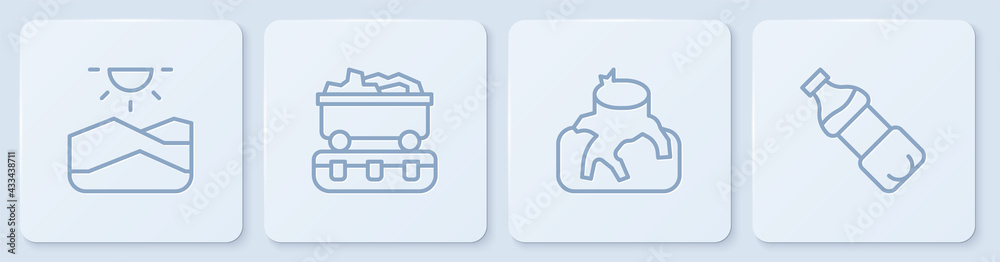 设定线路干旱、森林砍伐、煤炭火车车厢和一瓶水。白色方形按钮。矢量