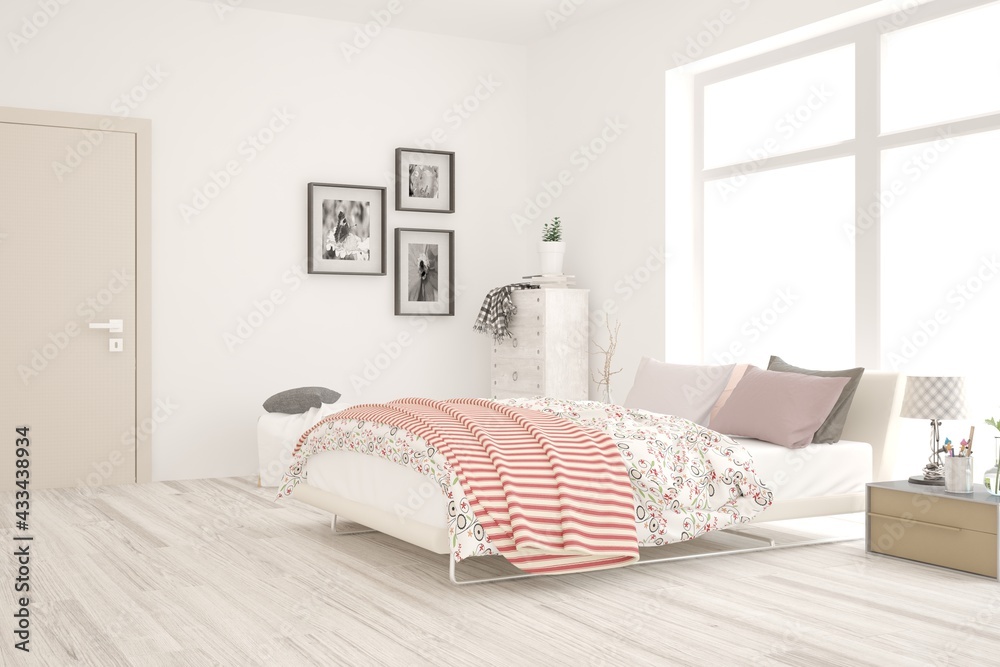 Soft color bedroom interior. Scandinavian design. 3D illustration