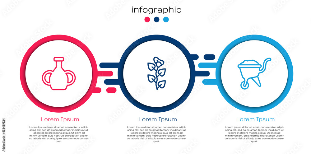 Set line Vase, Ivy branch and Wheelbarrow with dirt. Business infographic template. Vector