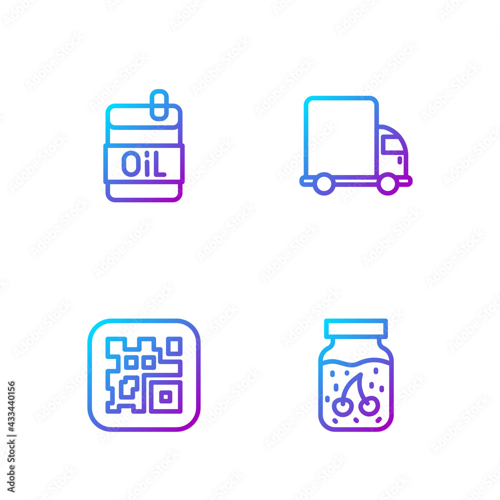 Set line Jam jar, QR code, Bottle of olive oil and Delivery cargo truck. Gradient color icons. Vecto