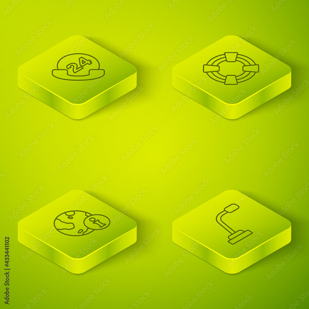 Set Isometric line Lifebuoy, Information, Microphone and Telephone 24 hours support icon. Vector