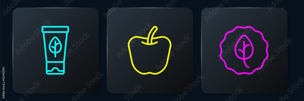 Set line Organic cosmetic, Leaf or leaves and Apple. Black square button. Vector