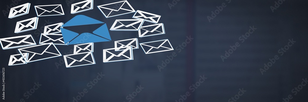 Multiple white letters and one opened blue letter in envelop against blue background