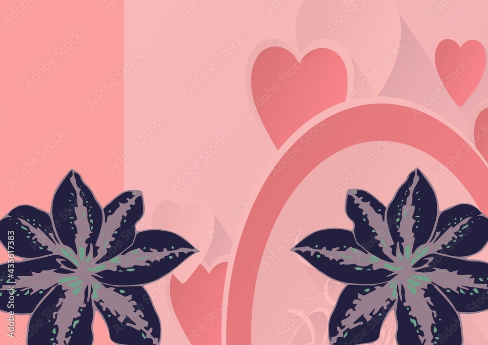 Composition of flowers with pink hearts on pink background