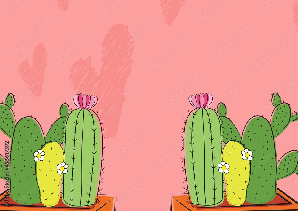 Composition of two pots with cactus with pink hearts on pink background