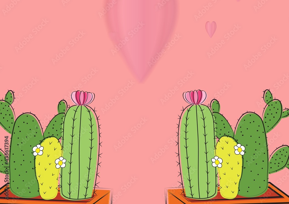 Composition of two pots with cactus with pink hearts on pink background