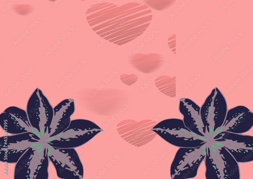 Composition of flowers with pink hearts on pink background