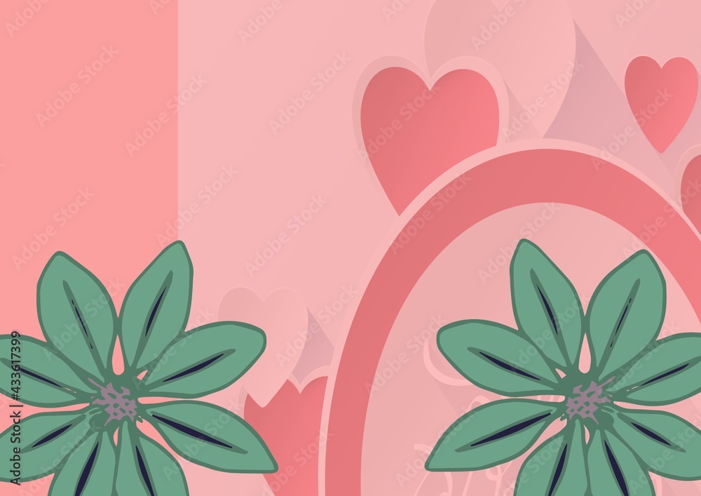 Composition of flowers with pink hearts on pink background