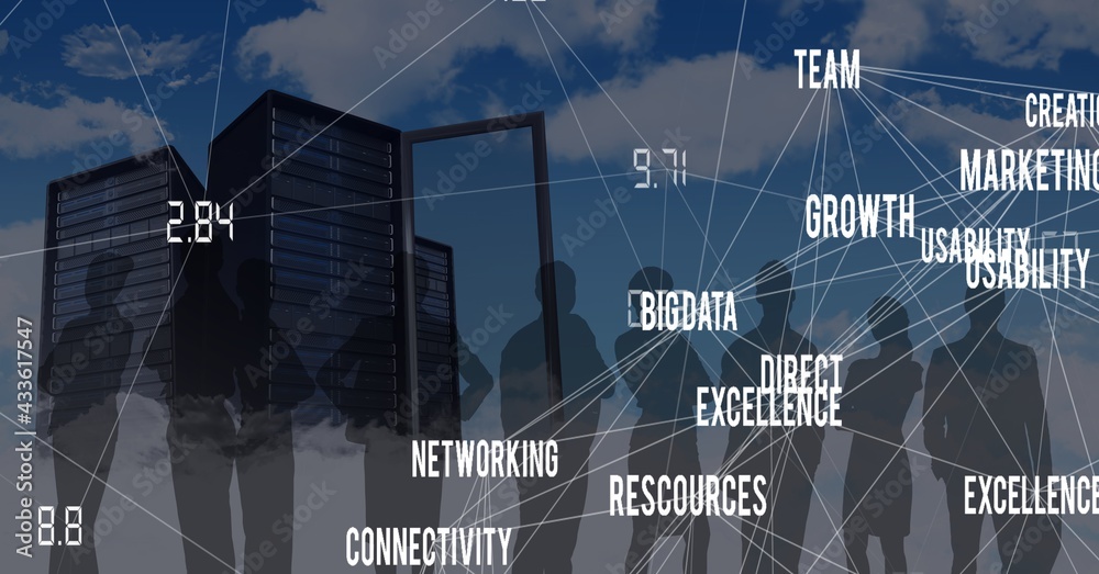 Composition of network of online text and numbers over people silhouettes and computer servers