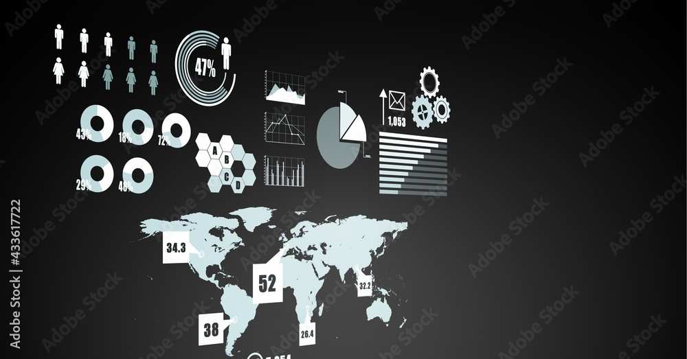 Digitally generated image of digital interface with data processing against black background