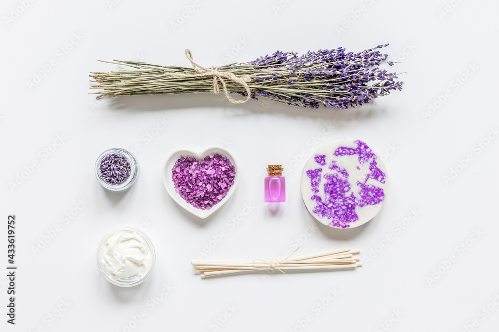 organic cosmetic with lavender oil on white background top view mock up