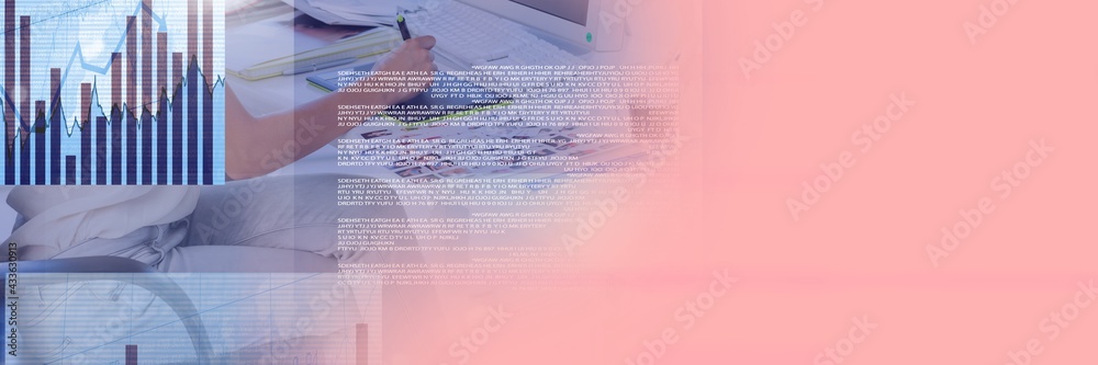 Composition of data processing over businesswoman working in office with pink background