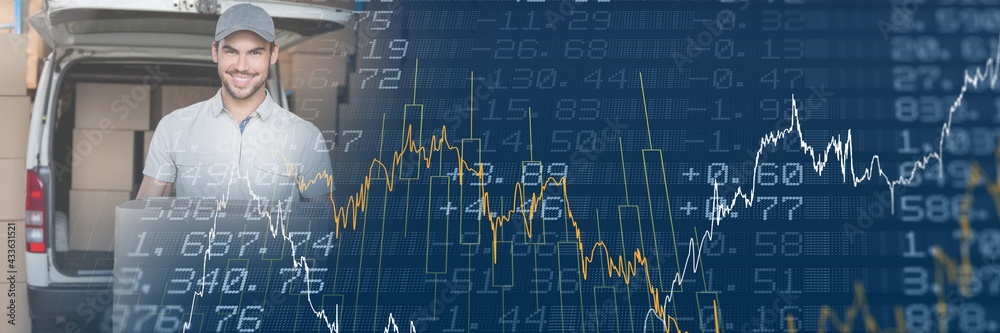 Composition of financial data processing over smiling delivery man holding parcel