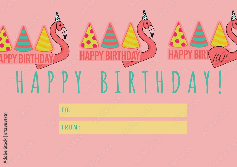 Happy birthday tag with party hats and flamingo, birthday and gift giving concepts