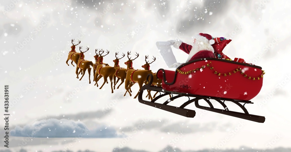 Composition of santa claus in sleigh pulled by reindeer over snow falling and clouds background