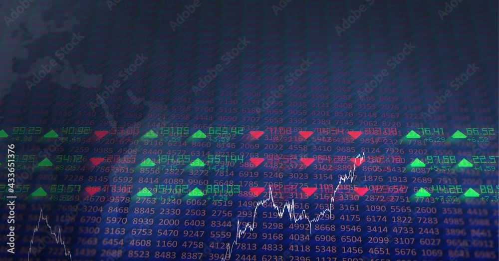 Digitally generated image of stock market data processing against blue background