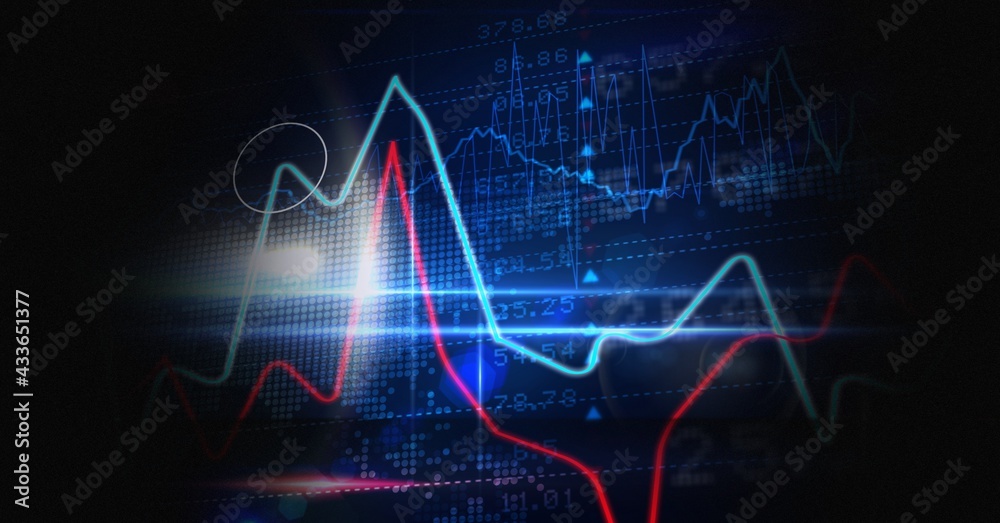 Digitally generated image of statistical and stock market data processing against black background