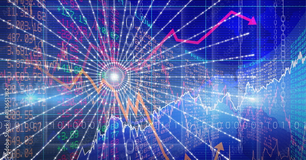 Round scanner and multiple graphs over stock market data processing on blue background