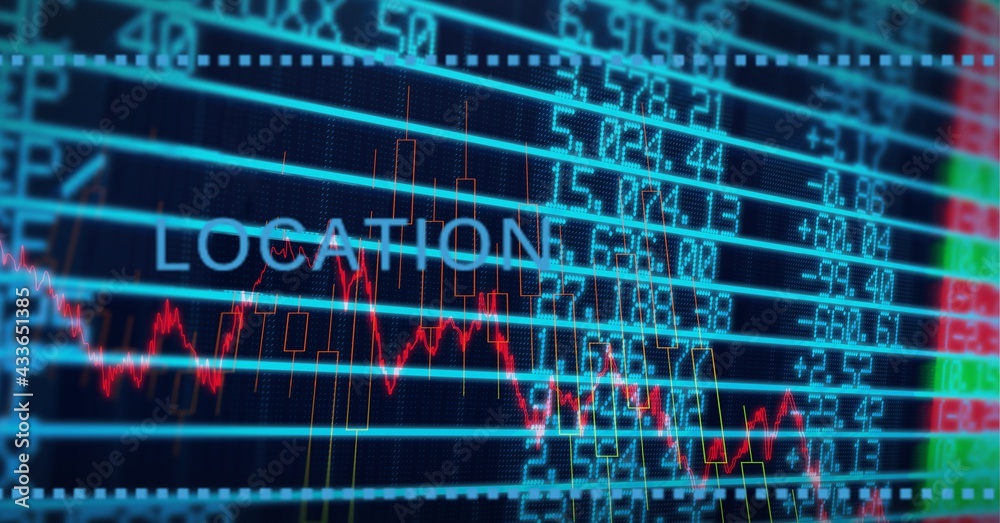 Location text and multiple graphs over stock market data processing on black background