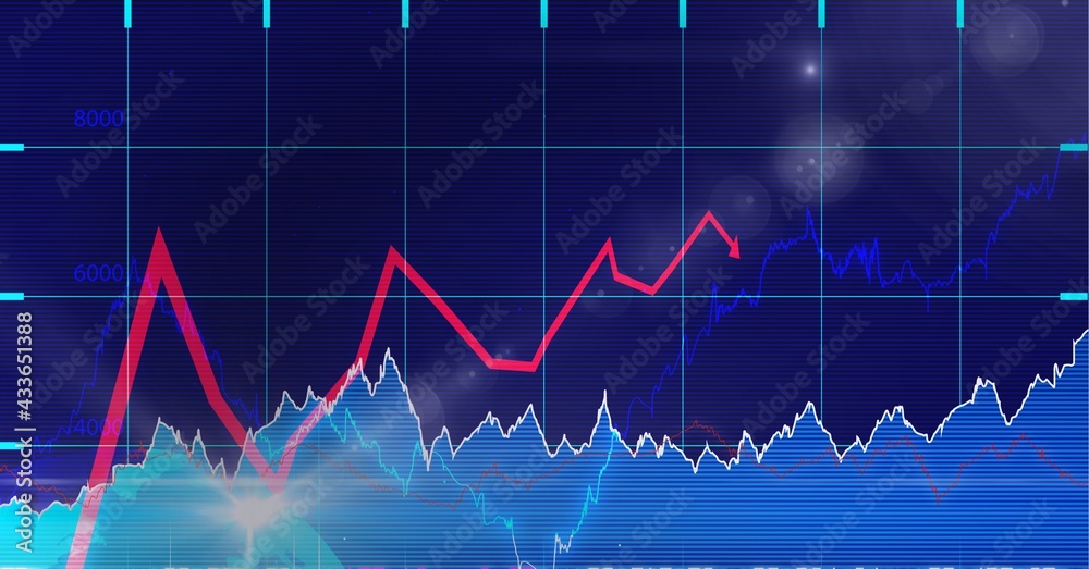 Multiple graphs over grid network against spots of light on blue background