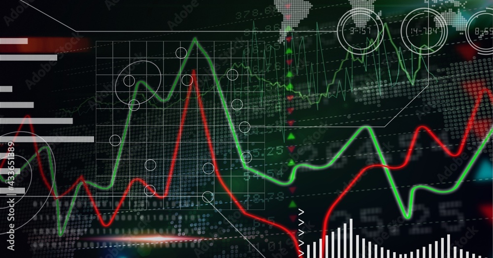 Multiple graphs over statistical and stock market data processing on black background