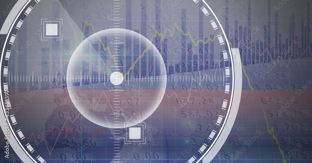 Round scanner over statistical and stock market data processing on grey background