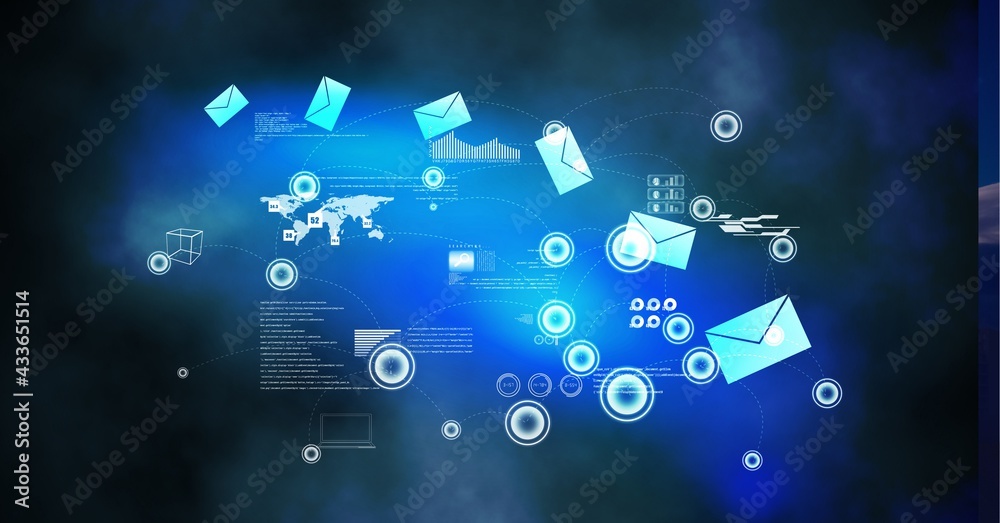 Digital interface with data processing against blue spots of light on black background