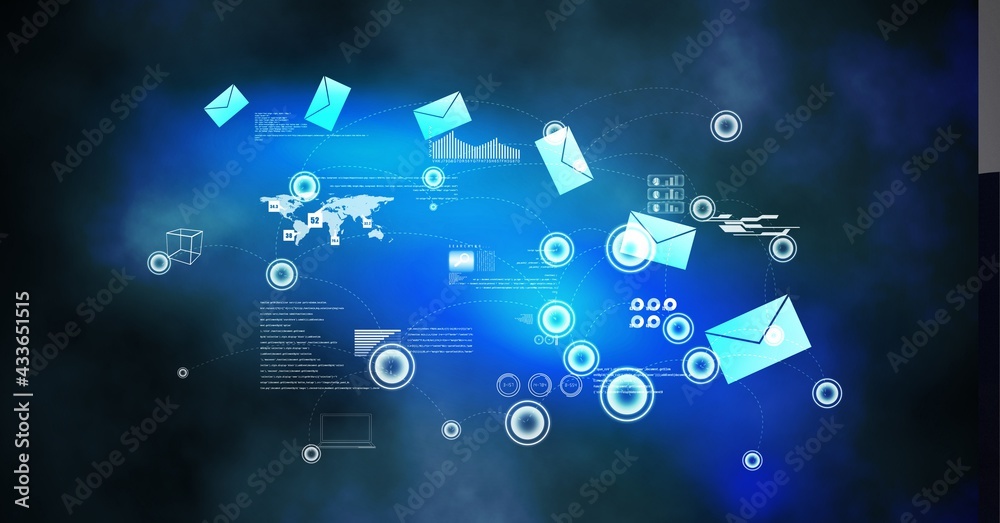 Digital interface with data processing against blue spots of light on black background