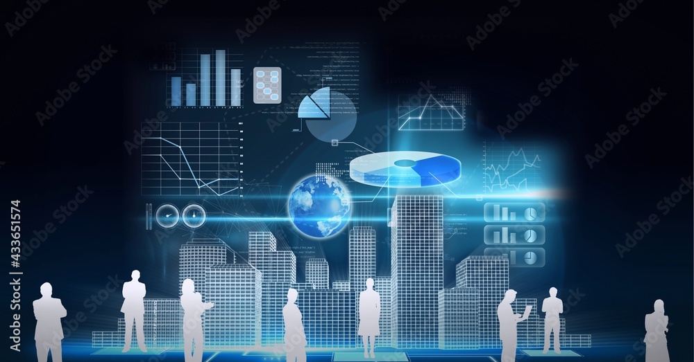 Silhouettes of business people over 3d city model and financial data processing on black background