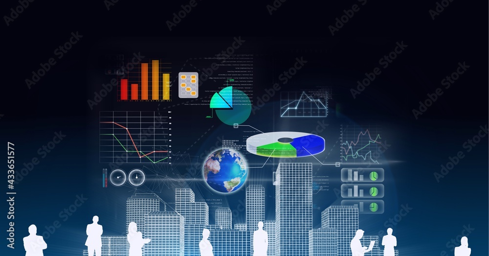 Silhouettes of business people over 3d city model and financial data processing on black background