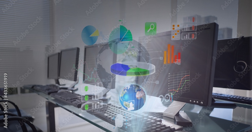 Composition of statistics and data processing on screen over computers in office in background