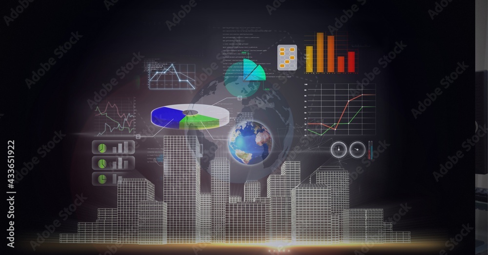 Composition of statistics and data processing on screen on black background